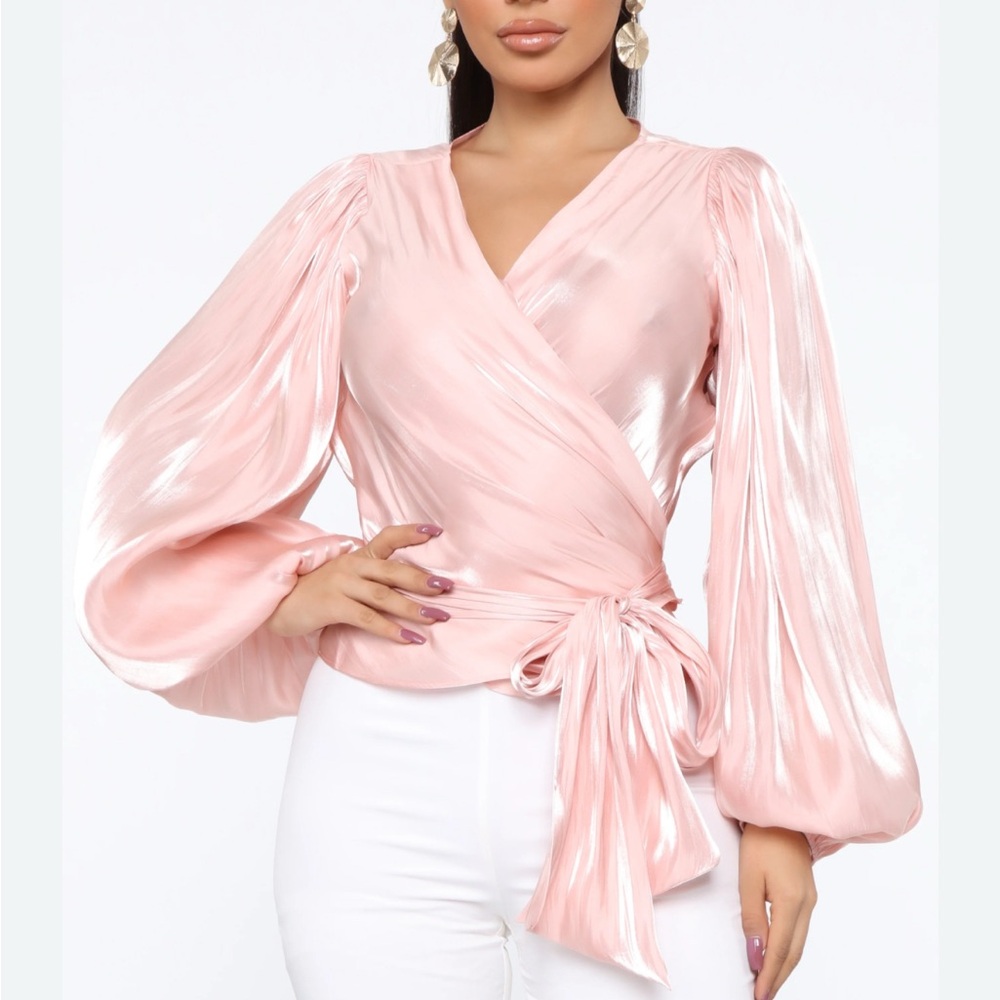 Pink Satin Wrap Blouse Balloon Sleeve Tie Waist Silky Top Size S